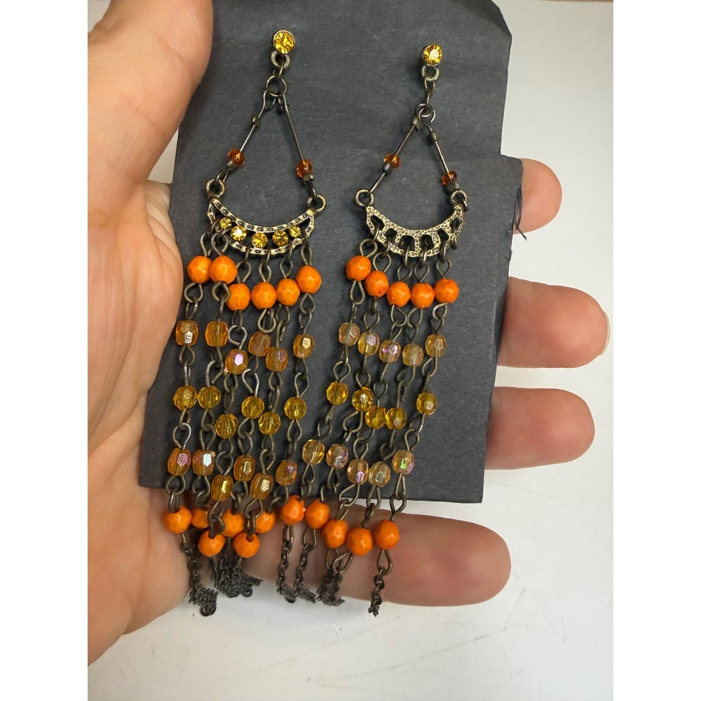Orange Amber Beaded Chandelier Earrings Antique Brass Tone Long Chain Dangle